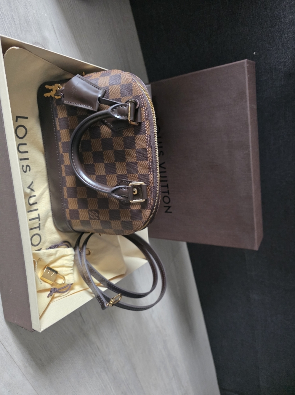 Louis Vuitton Brown Damier Ebene Alma BB Satchel with Gold Hardware Lockit+keys